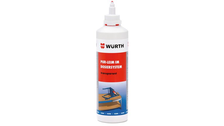 Eine Flasche PUR Leim im Dosiersystem-Transparent weiß bedruckt mit Bild auf welchem ein Stuhl repariert wird und typischer Produktaufschrift
